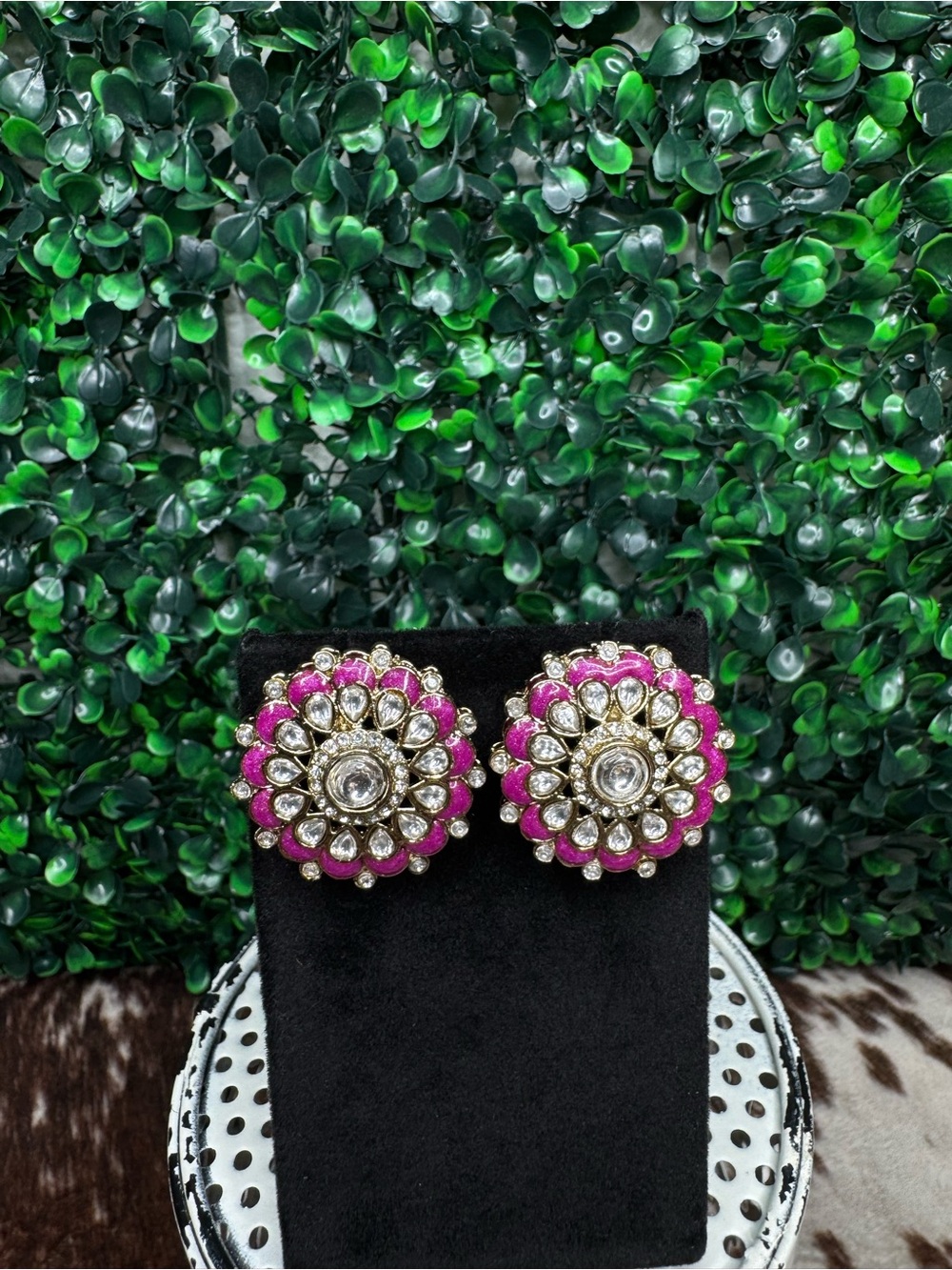 Pink and Gold Floral Statement Earrings - Unbranded